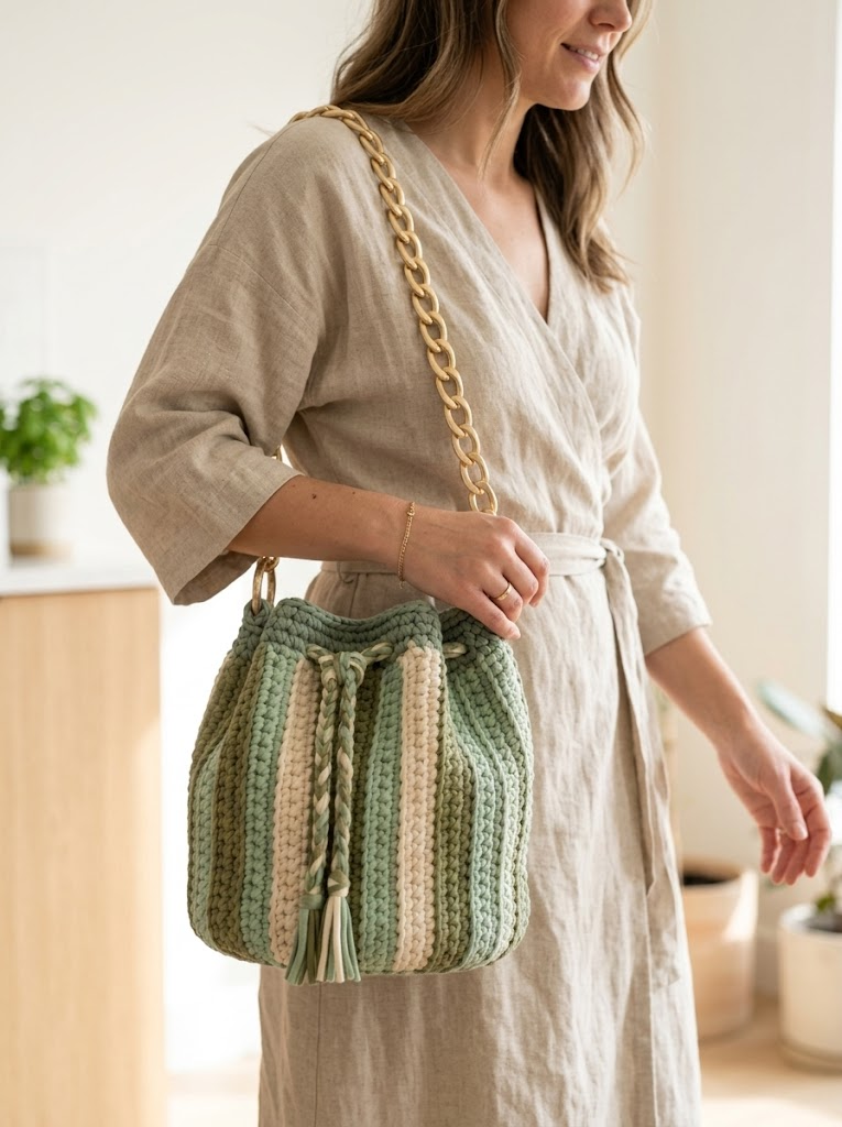 Sage Green Boho Drawstring Bucket Bag Free Crochet Pattern