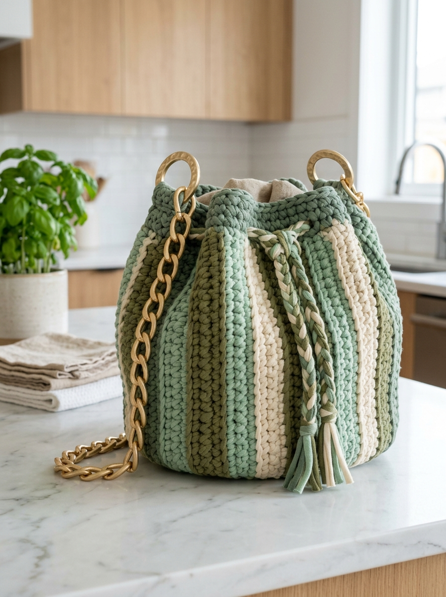 Sage Green Boho Drawstring Bucket Bag Crochet Pattern (PDF Download)