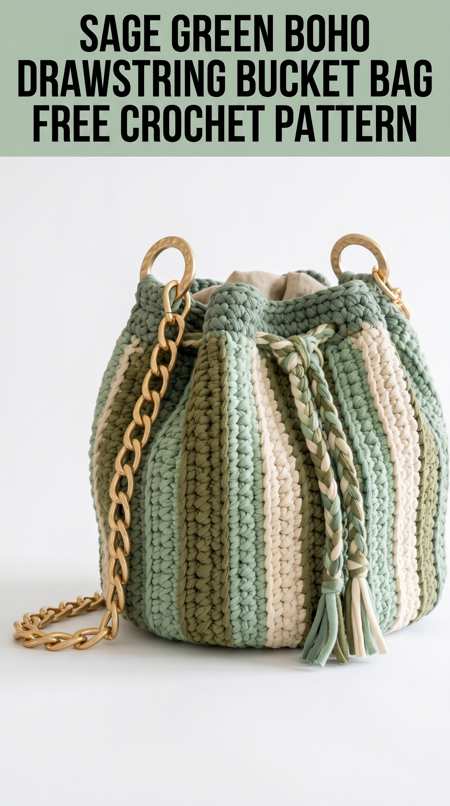 Sage Green Boho Drawstring Bucket Bag Free Crochet Pattern