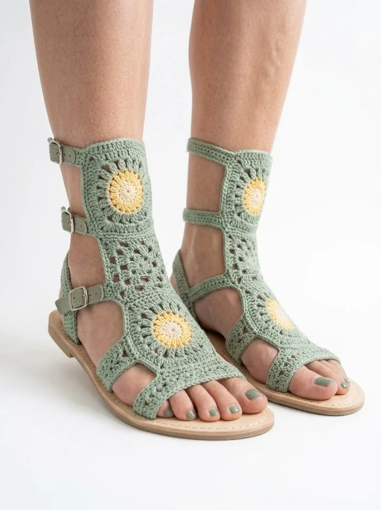 Sage Green Crochet Sandals on White Marble Free Pattern
