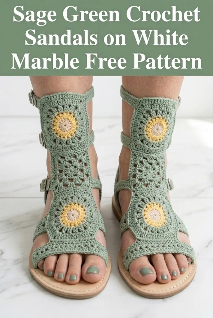 Sage Green Crochet Sandals on White Marble Free Pattern