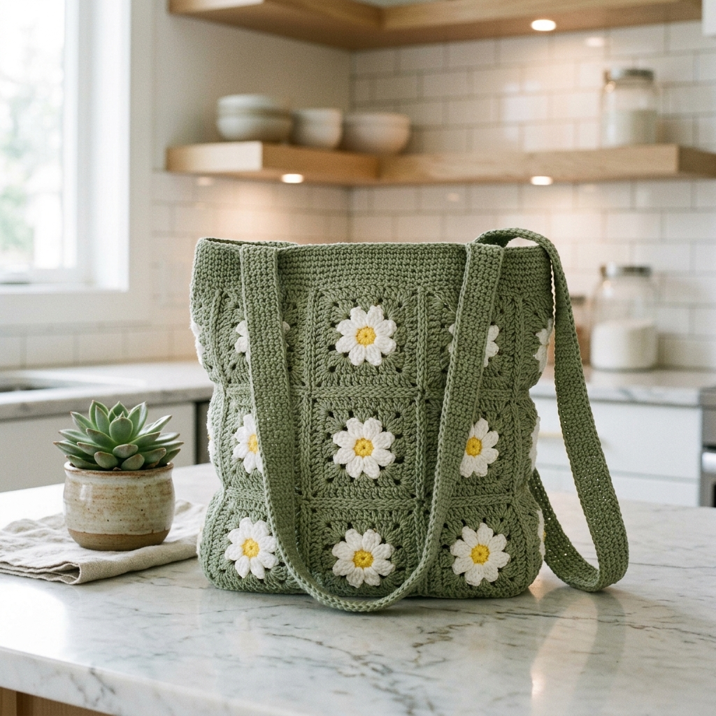 Sage Green Daisy Granny Tote Crochet Pattern