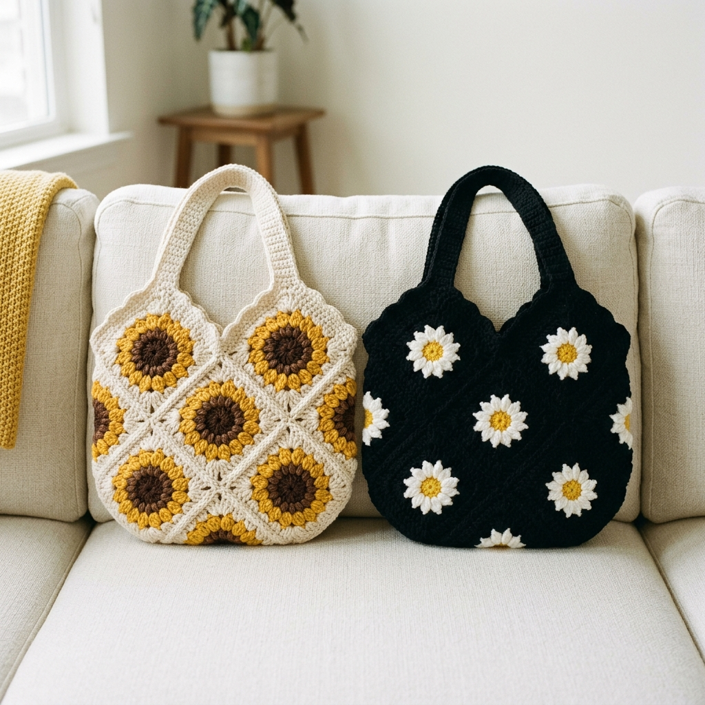 Sunflower and Daisy Granny Square Tote Crochet Pattern