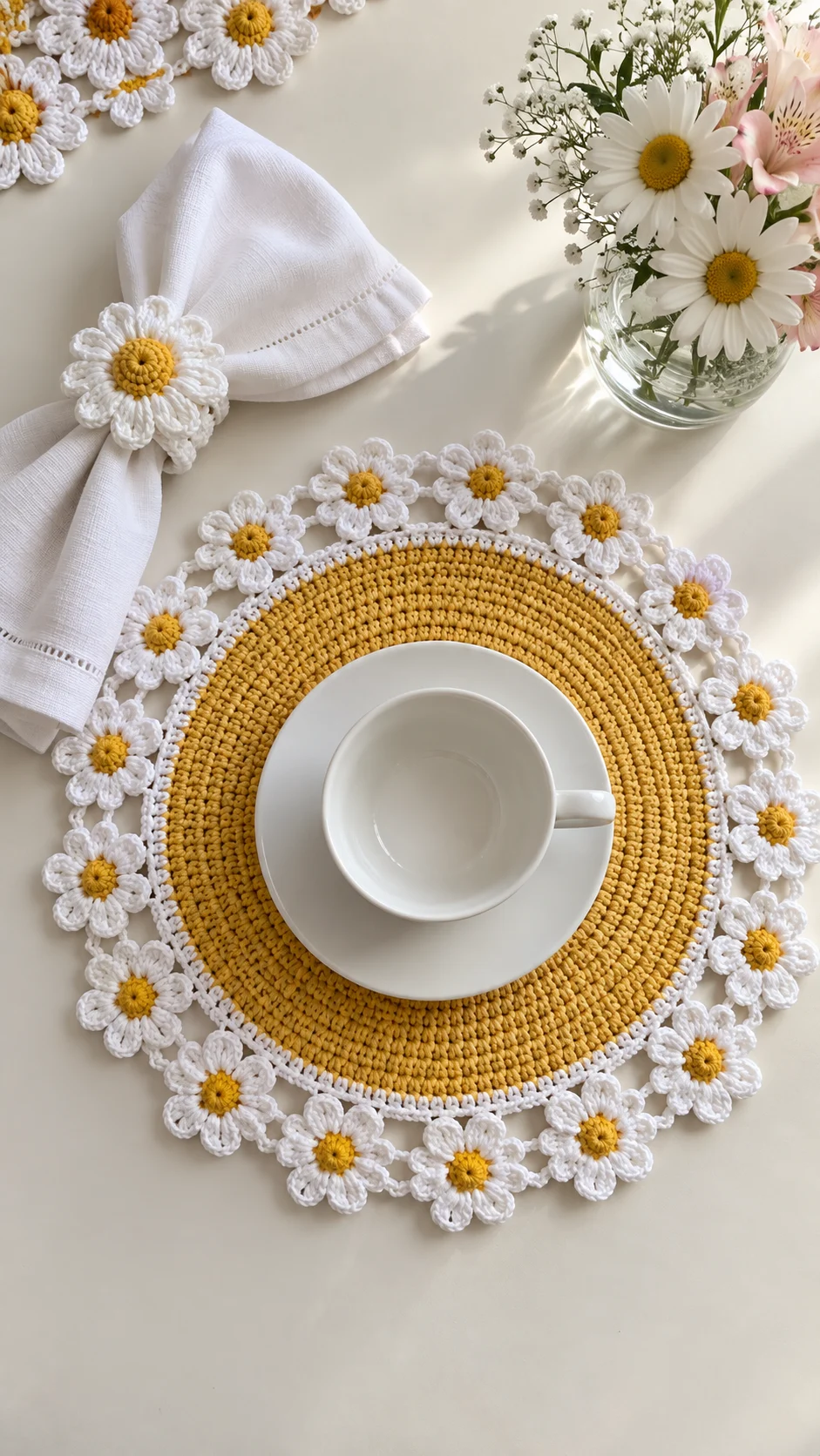 Sunshine Daisy Placemat and Napkin Ring Crochet Pattern