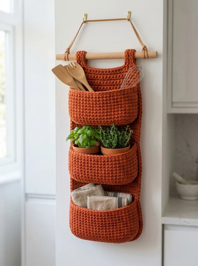 Terracotta Boho Kitchen Wall Basket Free Crochet Pattern