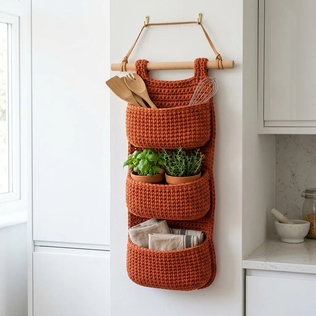 Terracotta Boho Kitchen Wall Basket Free Crochet Pattern