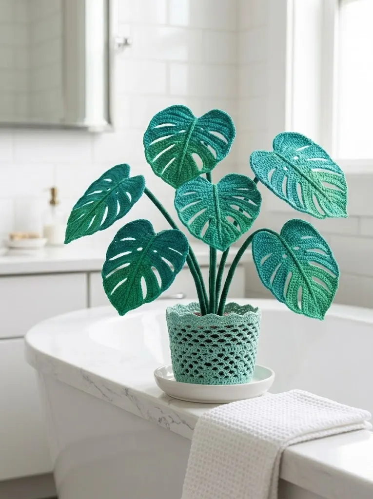 Tropical Monstera Crochet Plant for Bathroom Decor
