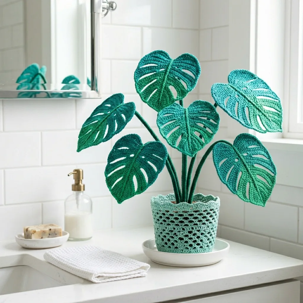 Tropical Monstera Crochet Plant for Bathroom Decor