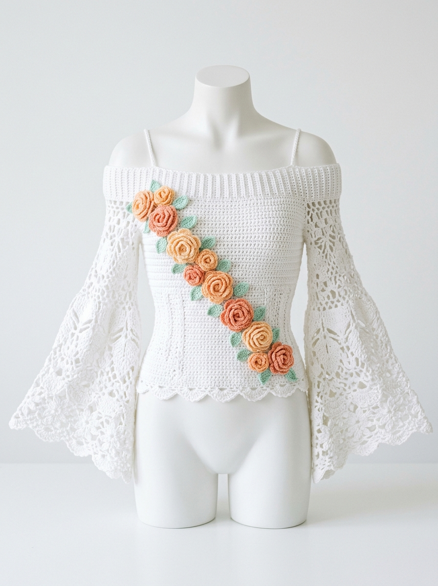 White Lace Floral Crochet Blouse Free Pattern