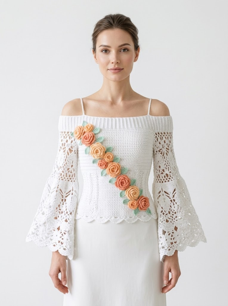 White Lace Floral Crochet Blouse Free Pattern