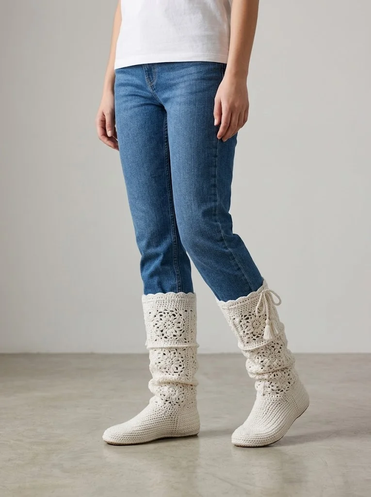 White Lace Slouchy Crochet Boots Free Crochet Pattern