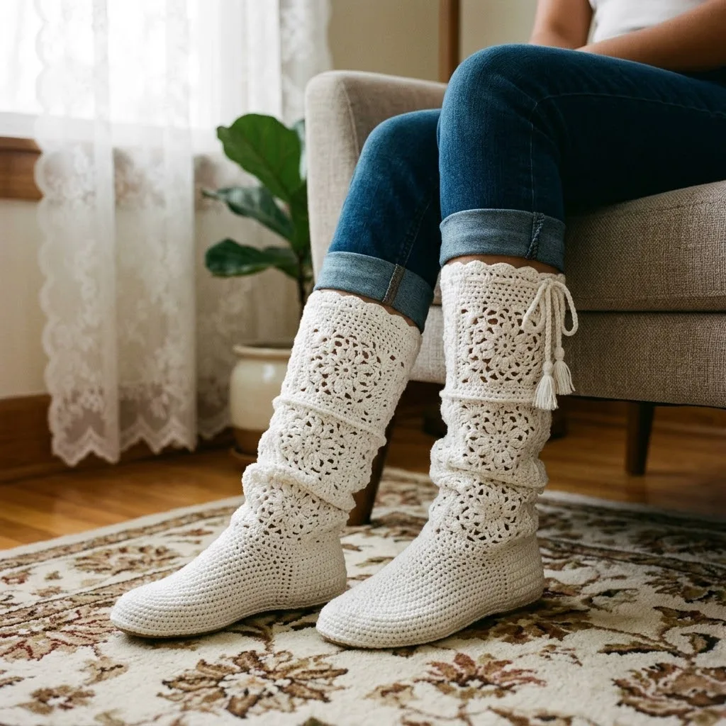 White Lace Slouchy Crochet Boots Free Crochet Pattern