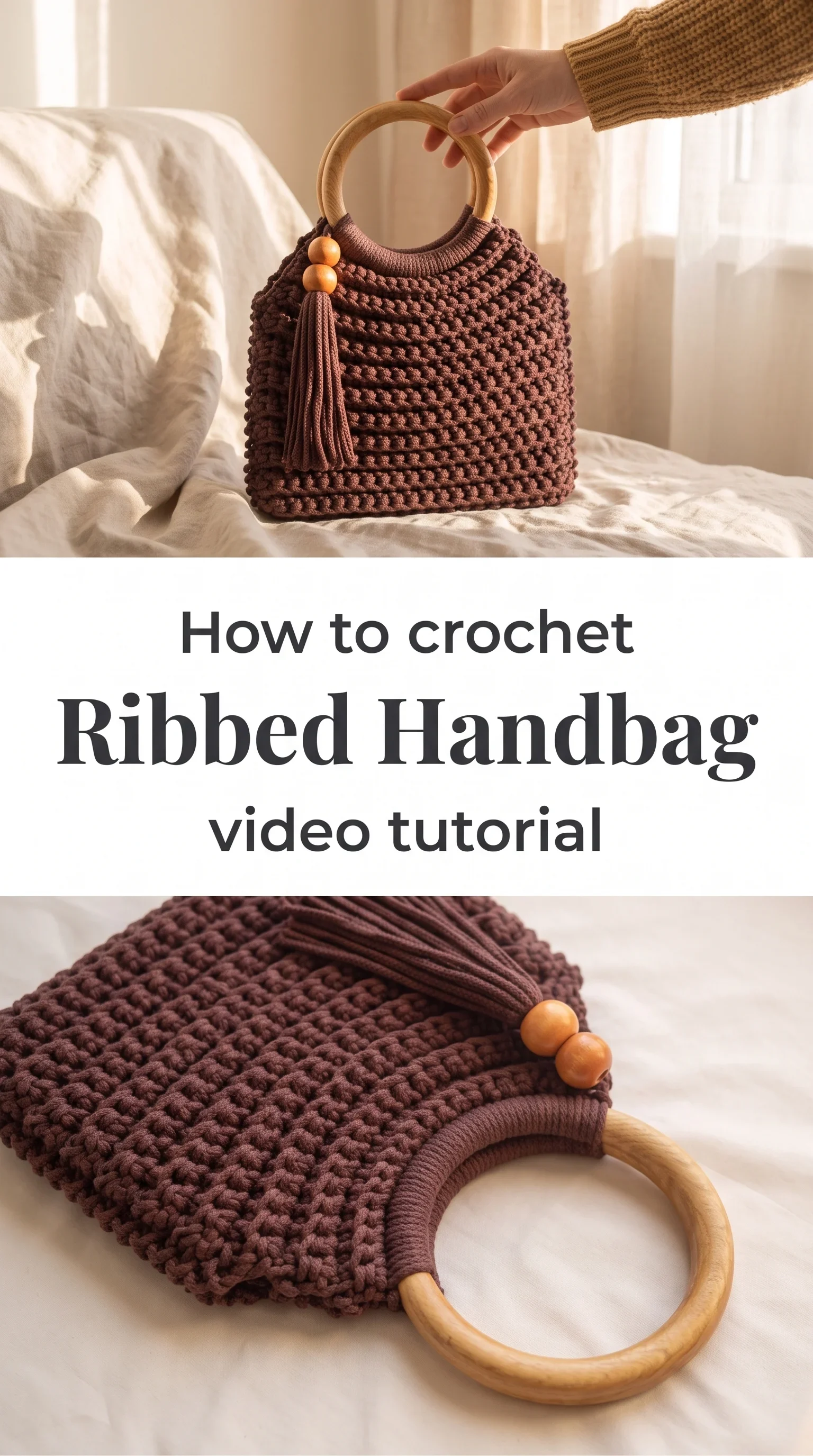 Crochet Ribbed Handbag: A Chic Wooden Handle Design