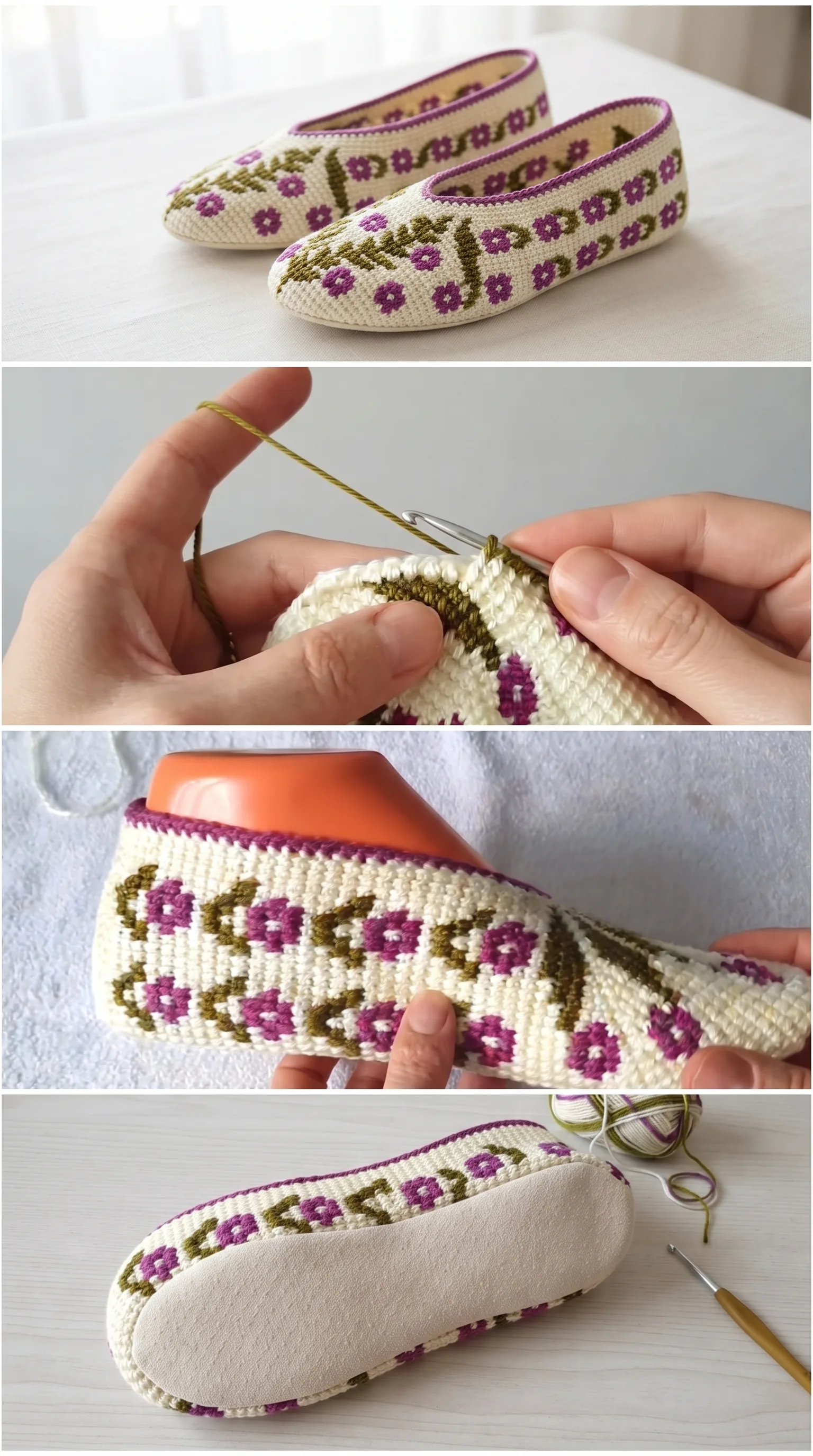 Crochet Tunisian Slippers: A Charming Floral Delight pattern